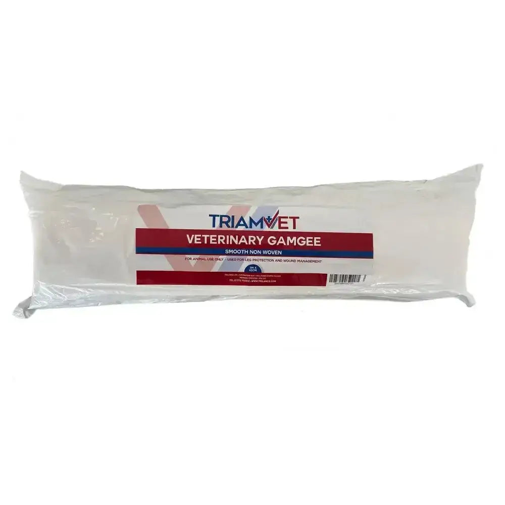 A white smooth non-woven triamvet veterinary gamgee in sealed plastic packaging for wound management