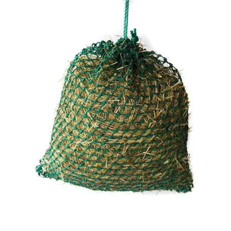 Green woven trickle net mini haynet filled with hay hanging by matching green rope super robust smaller design