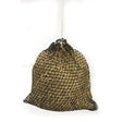 Rustic dark brown woven trickle net original haynet with drawstring closure and visible straw for slow feeding