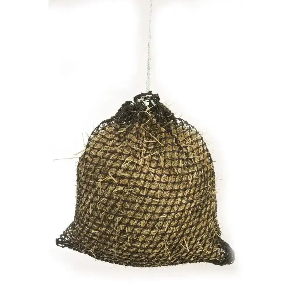 Rustic dark brown woven trickle net original haynet with drawstring closure and visible straw for slow feeding