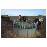 Gray metal horse feed trough with green mesh lining and curved handles featuring a trickle net topper unique design