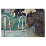 A round metallic horse feed trough with a green mesh trickle net topper and curved bars for inside ring feeders unique design
