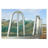 Silver metal trickle net topper with green mesh netting filled with hay for inside ring feeders unique design