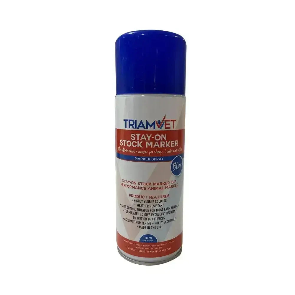 Blue trilanco stay-on wool marker spray can with white label red accents for durable wool marking use