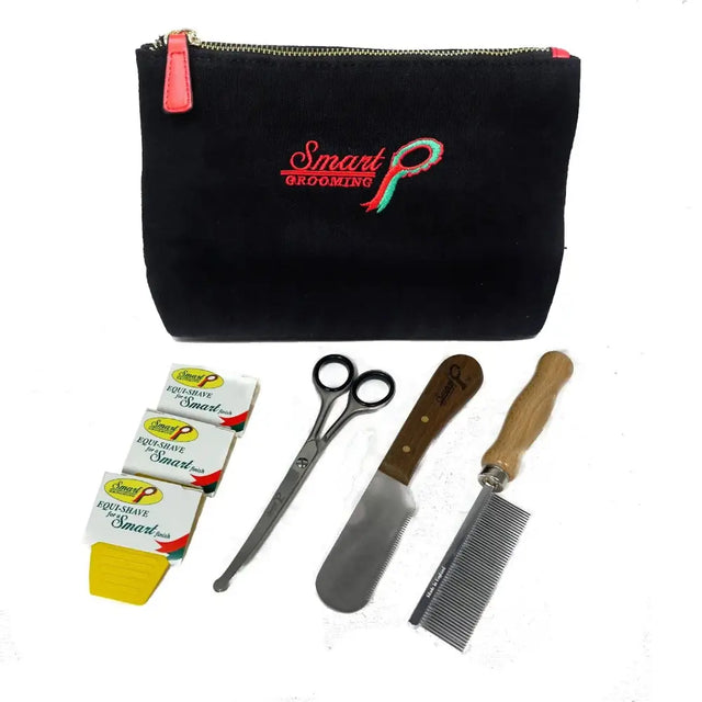 Black velvet trim and tidy set with red zipper pull and smart grooming logo featuring safety scissors smart design