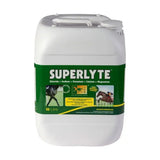 White plastic 10 litre container of trm 2 2 1 superlyte syrup featuring green label detailing horse vitamins that rapidly replaces body salts