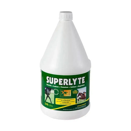 White plastic jug of superlyte syrup with green label and horses rapidly replaces body salts for horse vitamins