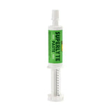 White plastic syringe with green superlyte 2241 paste label and measurement markings for superlyte syrup paste horse vitamins electrolyte replacement
