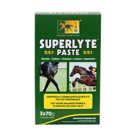 Green cardboard box of trm trm 2 2 1 superlyte syrup paste for horse vitamins and electrolyte replacement