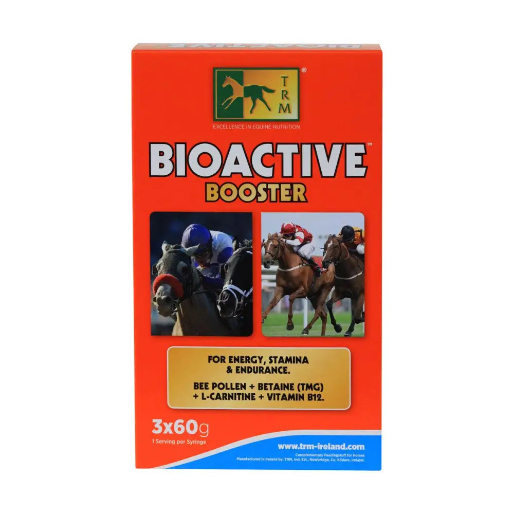 Red rectangular box of trm bioactive booster energy booster syringe for horses with jockeys and horses on front