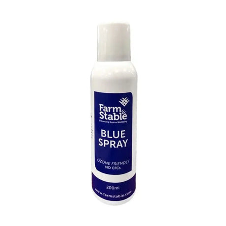 White plastic trm blue spray bottle with blue label and white cap containing 200ml ozone friendly blue wound spray