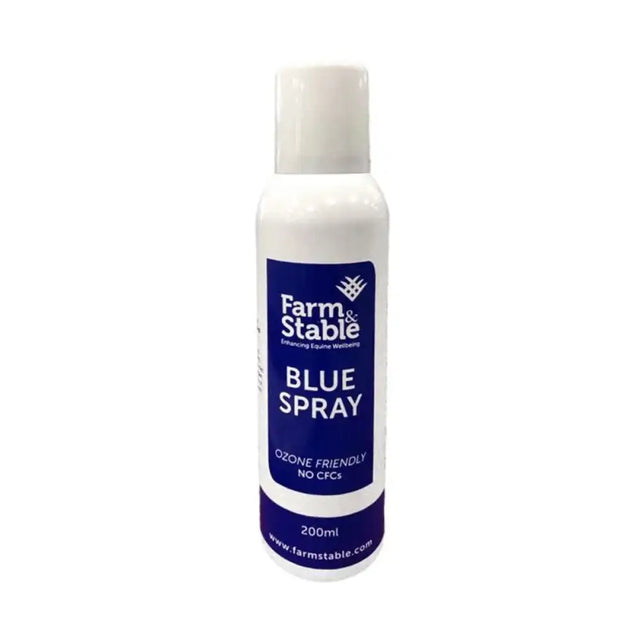 White plastic trm blue spray bottle with blue label and white cap containing 200ml ozone friendly blue wound spray