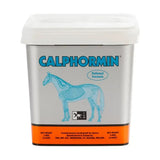 Silver rectangular container with white lid and orange band labeled trm calphormin pelleted formulation for optimum skeletal development