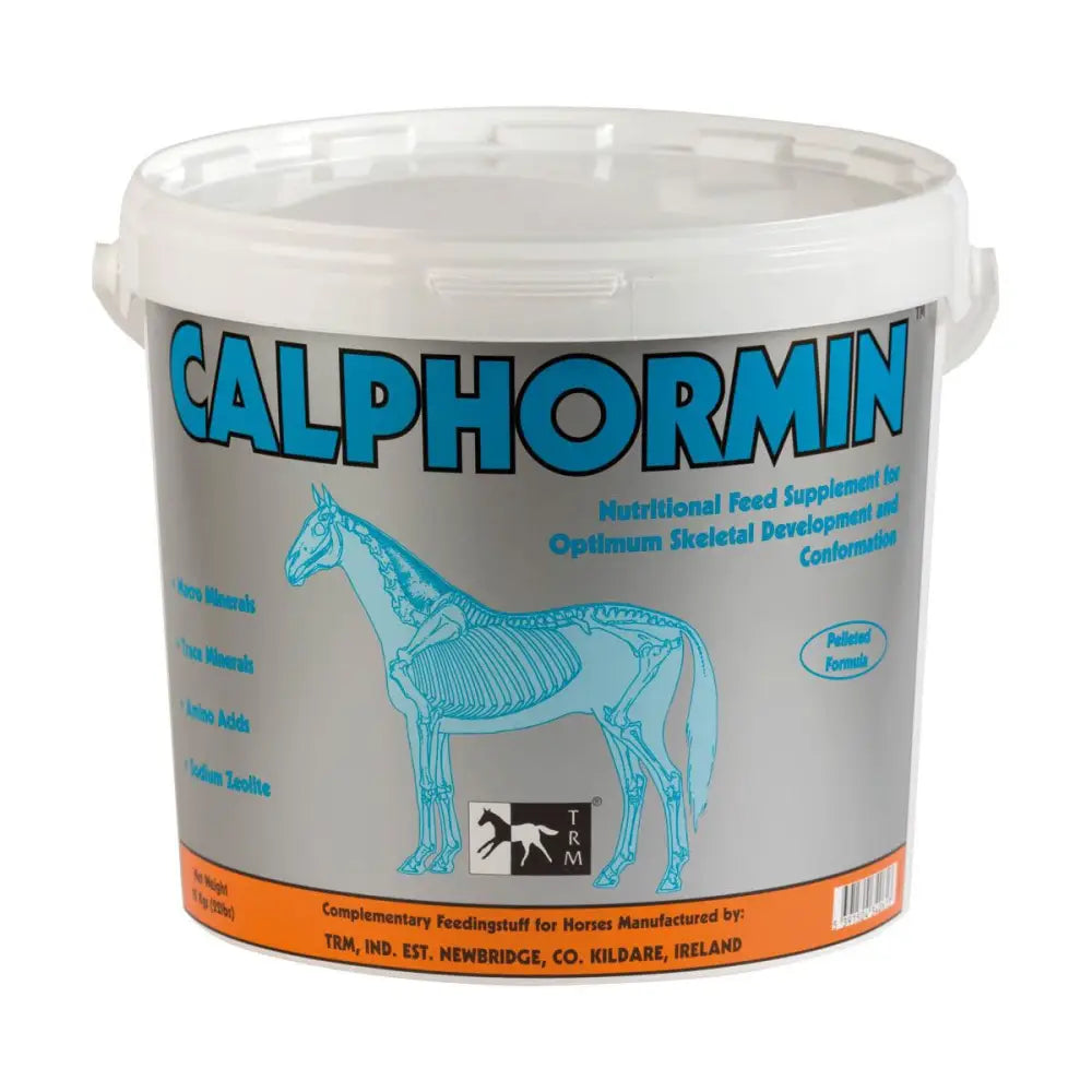 Gray plastic bucket with white lid labeled trm calphormin featuring light blue horse skeleton for optimum skeletal development pelleted formulation