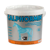 Gray plastic bucket with white lid labeled trm calphormin featuring light blue horse skeleton for optimum skeletal development pelleted formulation