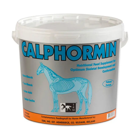 Gray plastic bucket with white lid labeled trm calphormin featuring light blue horse skeleton for optimum skeletal development pelleted formulation
