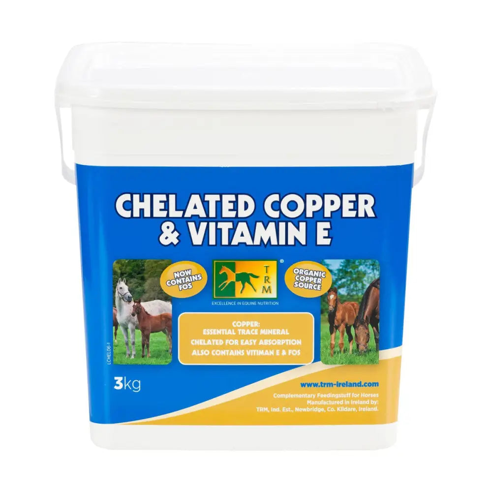 White plastic bucket of trm chelated copper horse supplements with blue and yellow label showing copper and vitamin e text