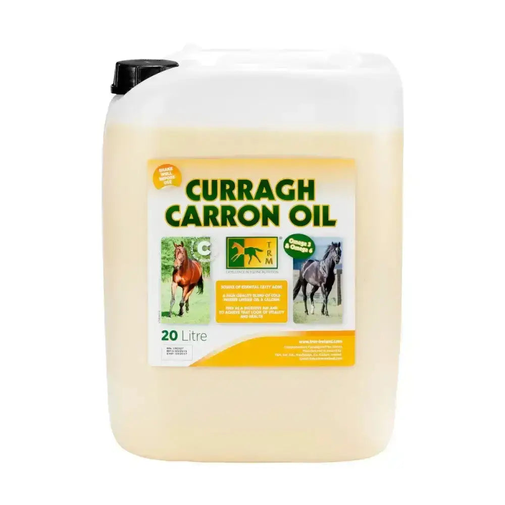 A 20 litre white plastic jug of trm curragh carron oil with a black cap and horse label for horse digestive support