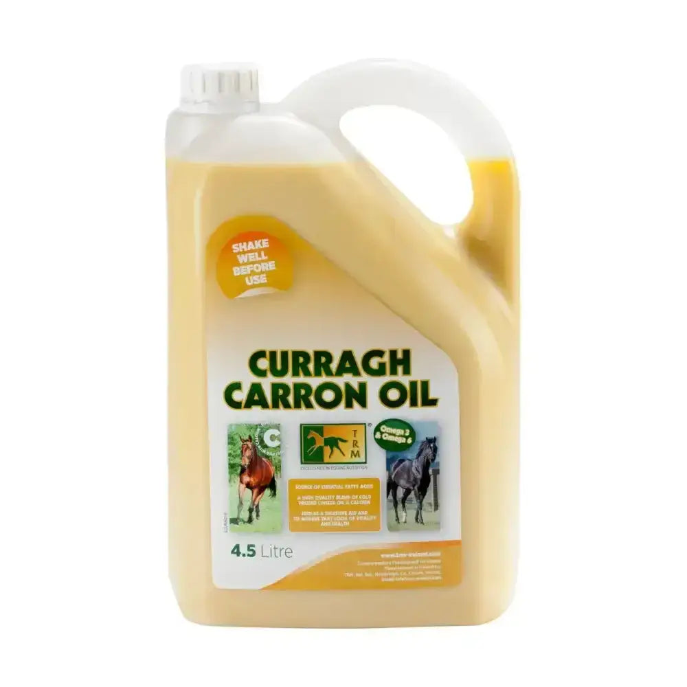 A 4.5 litre white plastic jug of trm curragh carron oil with yellow oil and horse imagery for horse digestive health