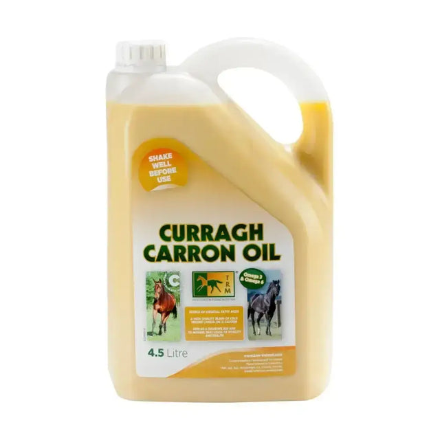 A 4.5 litre white plastic jug of trm curragh carron oil with yellow oil and horse imagery for horse digestive health