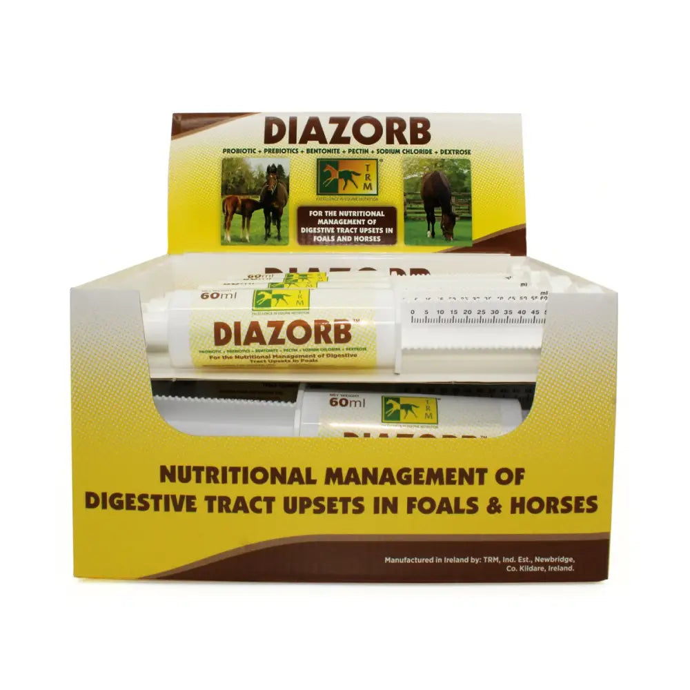 Yellow and brown cardboard display box with multiple white 60ml trm diazorb paste tubes for horse digestive tract upsets