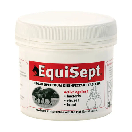 White plastic jar of trm equisept broad spectrum disinfectant tablets for effective sanitizing and cleaning