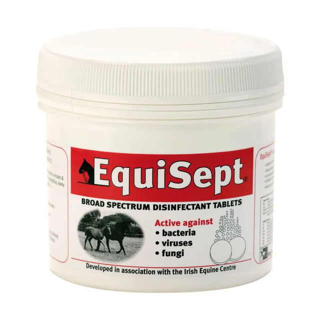 White plastic jar of trm equisept broad spectrum disinfectant tablets for effective sanitizing and cleaning