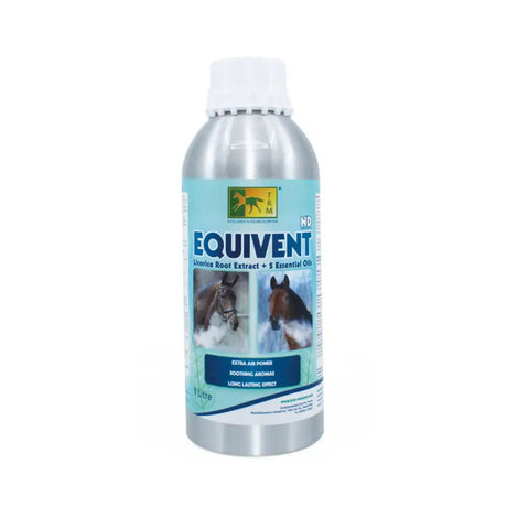 Silver aluminum bottle with white cap and light blue horse label for equivent horse supplements by team trm rich traditional black syrup