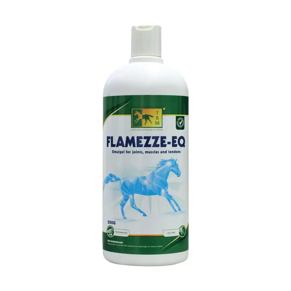 White plastic bottle with green label and blue horse design for trm flamezze emulgel to soothe discomfort and support leg care