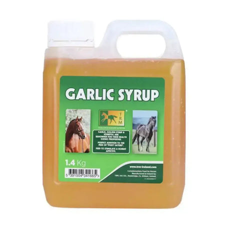 A 1.4 kg translucent plastic jug of amber trm garlic syrup with white cap and handle for easy pouring horse supplements