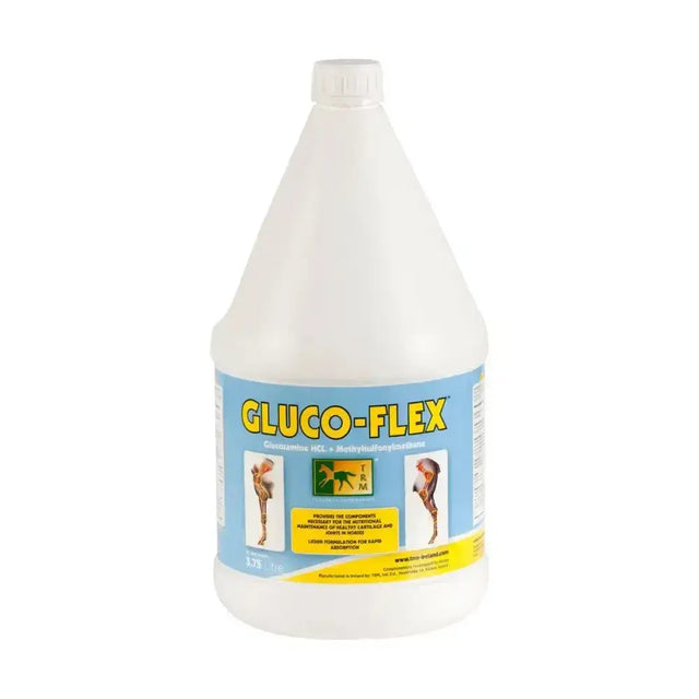 White plastic jug of trm gluco-flex liquid feed supplement with blue and yellow label for healthy cartilage and joints