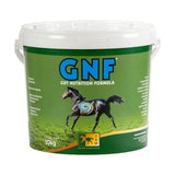Green and white plastic bucket of trm gnf gut nutrition formula for horse digestive health with black horse label illustration