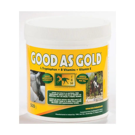 Yellow and green labeled trm good as gold natural feed supplement for highly strung horses horse supplements container