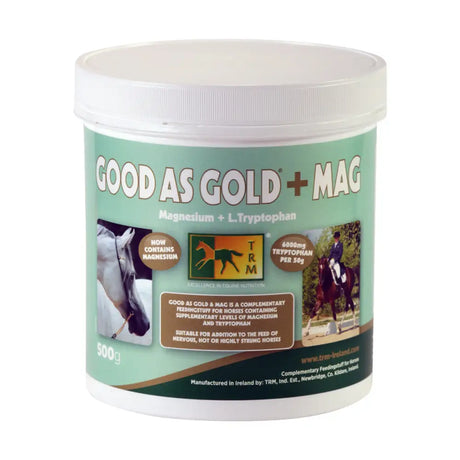 A white plastic container of trm good as gold mag horse supplements with teal label for complementary feeding stuff