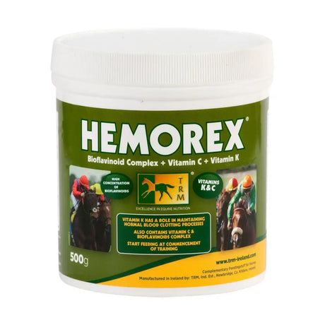 Green and white labeled trm hemorex container horse supplement to support lung function and overall health