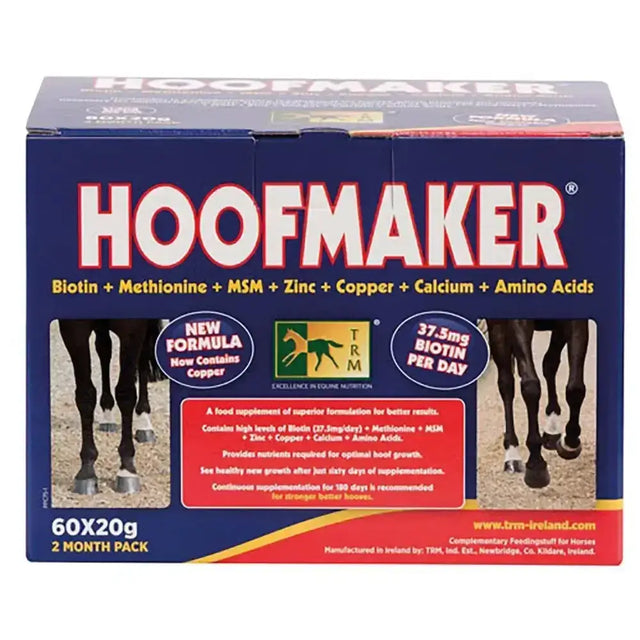 Blue and red trm hoofmaker cardboard box with healthy hoof growth images for complete hoof supplement