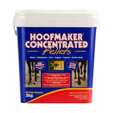 Blue and red plastic container of trm hoofmaker concentrated pellets with white lid for horse hoof health supplement