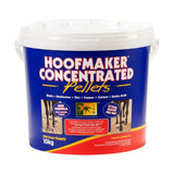 Blue and red plastic bucket of trm hoofmaker concentrated pellets for horse hoof care with white lid and handles