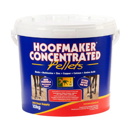 Blue and red plastic bucket of trm hoofmaker concentrated pellets for horse hoof care with white lid and handles