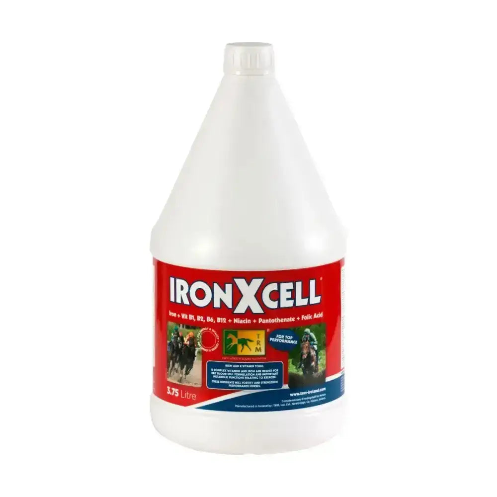 White plastic jug of trm ironxcell horse supplements with red and blue iron-enriched multi-vitamin feed label