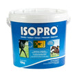 Blue plastic bucket with white lid and handles labeled isopro 10kg highly palatable isotonic electrolyte for horses