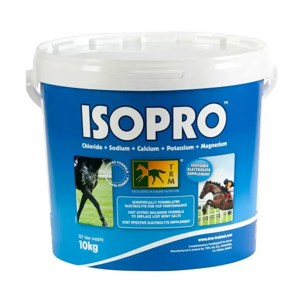 Blue plastic bucket with white lid and handles labeled isopro 10kg highly palatable isotonic electrolyte for horses
