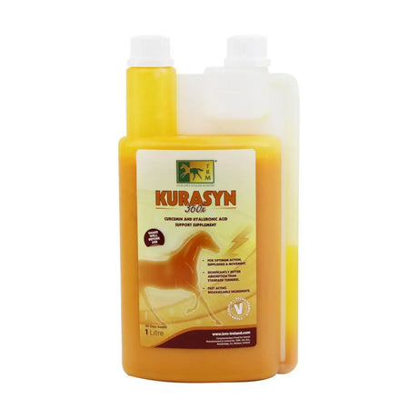 A 1-litre translucent plastic bottle of trm kurasyn 360x yellow liquid horse supplement with highly bioavailable curcumin