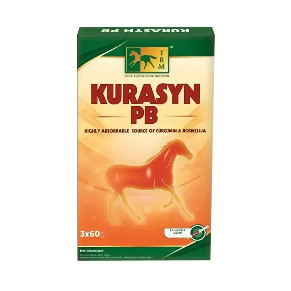 Green and cream box of trm kurasyn bp syringes with stylized orange horse featuring micellar solubilized boswellia