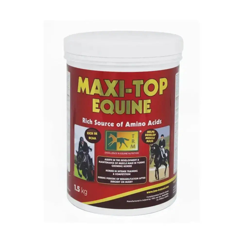 Red and white cylindrical container of maxi-top equine 1.5 kg powder supplement rich in branch chain amino acids for intense training