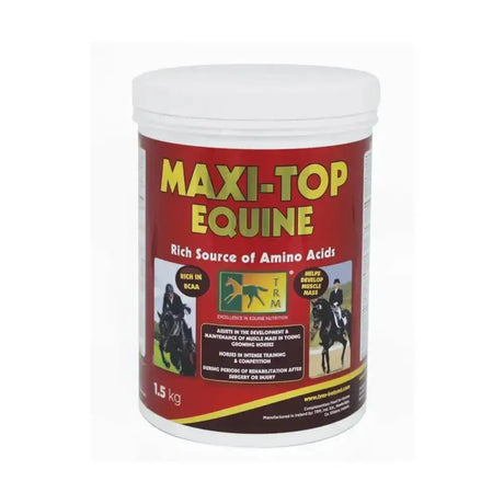Red and white cylindrical container of maxi-top equine 1.5 kg powder supplement rich in branch chain amino acids for intense training