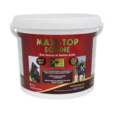 Red and white plastic bucket of maxi-top equine 5kg supplement rich in branch chain amino acids for intense training