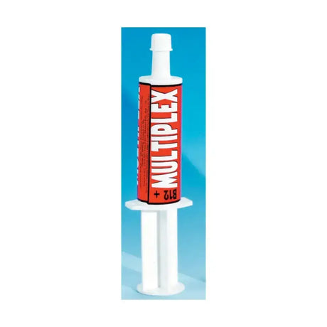 White plastic trm multiplex syringe with red multiplex label and 82 plus for pre-competition booster use in long competition season
