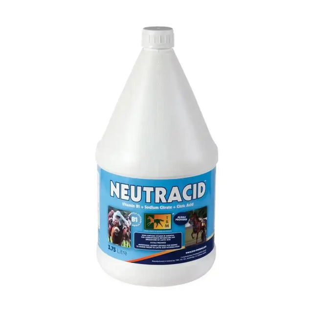 White plastic jug with blue trm neutracid label showing livestock 3.75 litre body acid neutraliser and alkali replacer