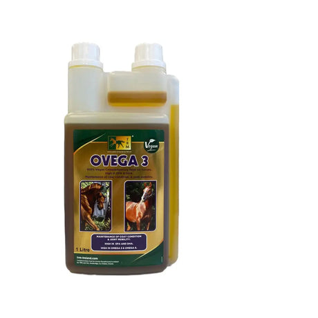 A 1-litre transparent plastic bottle of trm ovega 3 vegan complementary feed oil for horse supplements and joint health